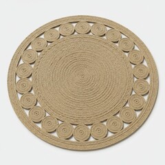 Beige Braided Jute Round Rug with Circular Pattern Against White Background