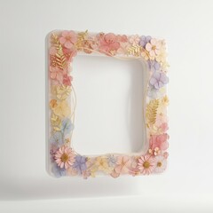Ornate Floral Frame Decoration with Pastel Flowers and Golden Details on White
