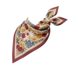Floral Silk Scarf with Vintage Rose Pattern Knot and Red Border Isolated