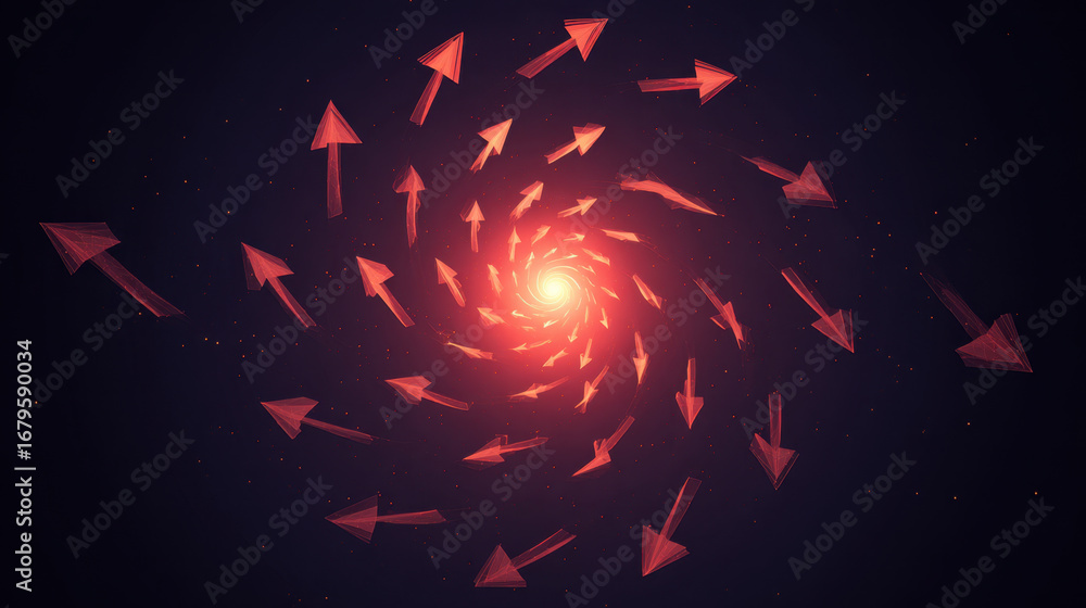 Poster mesmerizing spiral of red arrows radiates outward, creating dynamic sense of movement and energy. vi
