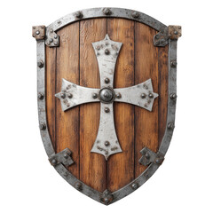 Fototapeta premium an old wooden medieval shield with a metal cross, jpeg, png, transparent