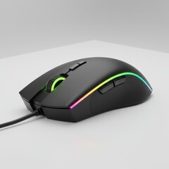 Black Corded Computer Gaming Mouse with RGB Lighting on a White Background