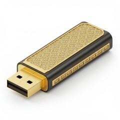 Gold Patterned Usb Drive on a White Surface Close Up Studio Shot