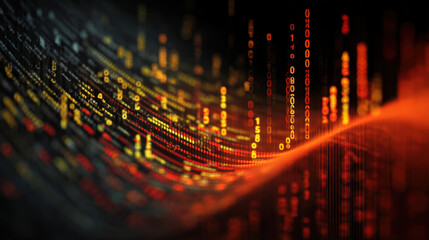 Digital data flows in vibrant colors, showcasing wave of binary code in red, orange, and yellow hues. This abstract representation symbolizes technology, information, and connectivity