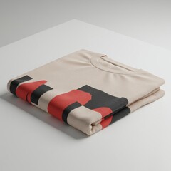 Folded Beige Sweater with Red and Black Geometric Pattern on White Surface