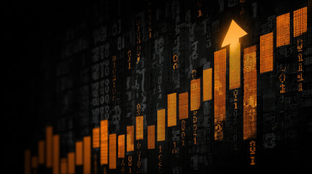 Digital graph upward trend financial growth data visualization technology background abstract design statistics investment market analysis business concept orange color black background pixelated - Powered by Adobe