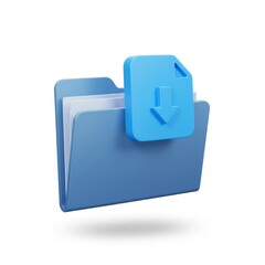 Blue Download Folder Icon with Arrow on File Illustration on White Background