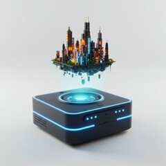 Floating Futuristic City Hologram on Black Platform on White Background Studio Lighting