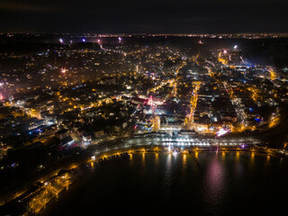 Fototapeta premium New Year Fireworks Over Starnberg, Germany Drone View