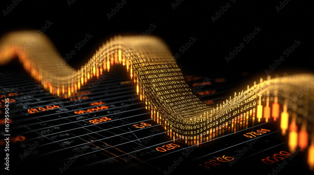 Poster digital financial data visualization showcases fluctuating graph with binary code, representing mark