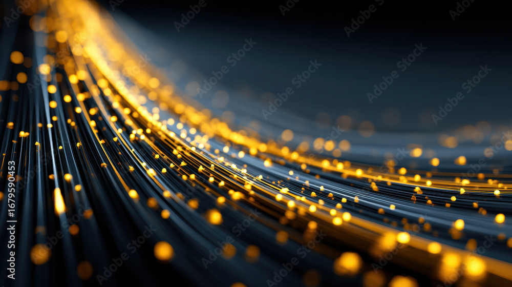 Aufkleber mesmerizing display of glowing golden particles flowing along sleek, dark lines creates sense of mov