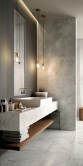 front view a premium and luxury style bathroom scenario washbasin with a mirror hanging upon marble wall and floor hyper realistic photography