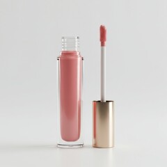 Macro Shot of Pink Lip Gloss in Clear Container with Golden Cap on White Background