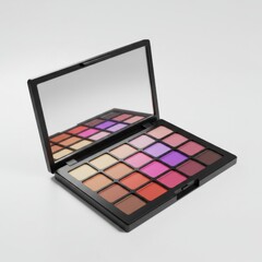 Open Eyeshadow Palette with Mirror in Black Case on Clean White Background