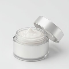Elegant Cream Jar on White Table With Silver Lid Open For Cosmetic Advertisement