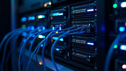 Modern data center server rack with blinking lights and network cables glowing blue
