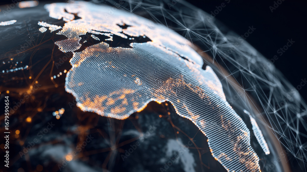 Poster digital representation of african continent, showcasing intricate network connections and glowing da