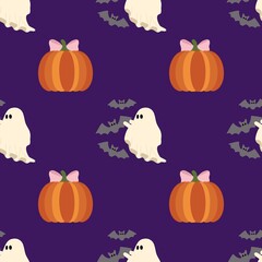Halloween Pumpkins Ghosts and Bats Seamless Pattern on Purple Background