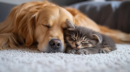 Golden Retriever and Kitten Sleeping Peacefully Together on Carpet 