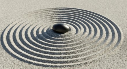 Single dark smooth stone centered in raked sand ripples zen garden rock
