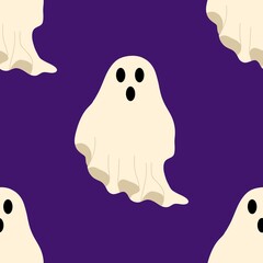 Large Cute Halloween Ghost Seamless Pattern on Purple Background