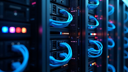 Modern data center server rack with bright blue network cables and indicator lights