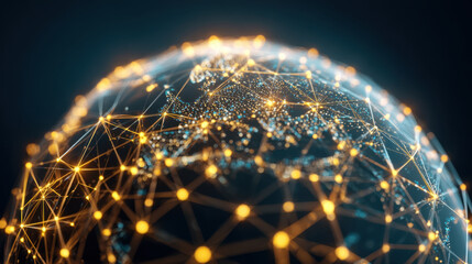 Digital globe illuminated with interconnected lines and nodes, representing global connectivity and technology. vibrant lights symbolize data flow and communication across continents