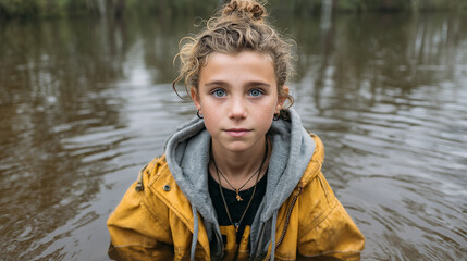 A person wearing a yellow raincoat and a gray hoodie stands partially submerged in water, surrounded by a natural setting with trees and calm ripples on the water's surface.