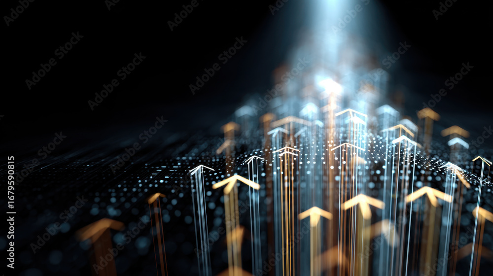 Poster dynamic digital arrows point upward, symbolizing growth and progress in technology. glowing lines cr