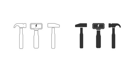Six various hammer tool icons in outline and solid black silhouettes.