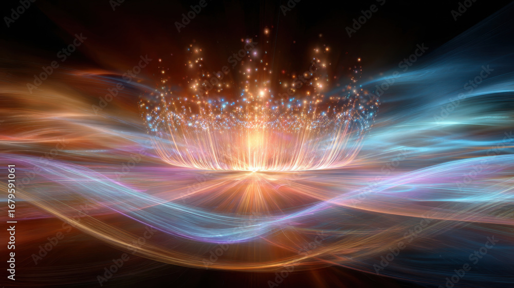 Poster vibrant and dynamic abstract image featuring swirling waves of color, illuminated by sparkling light