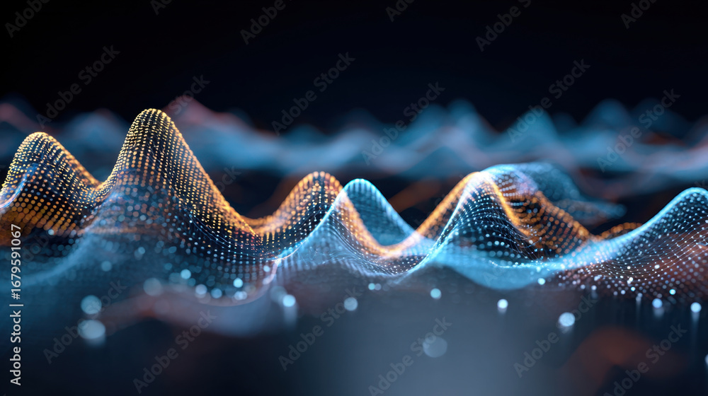 Poster digital waves create mesmerizing visual representation of sound and data, showcasing vibrant colors 