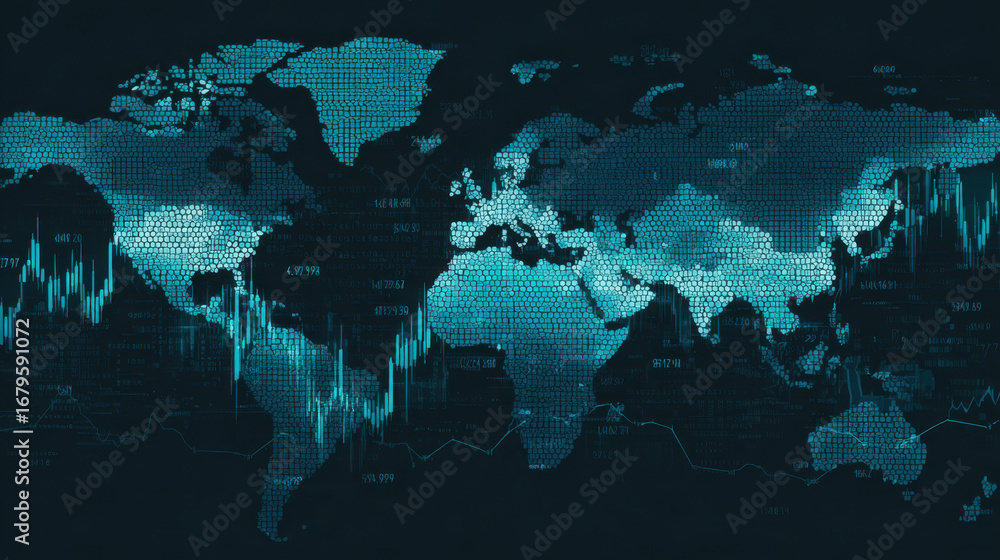 Poster digital world map with data visualization, representing global finance and technology trends. map fe