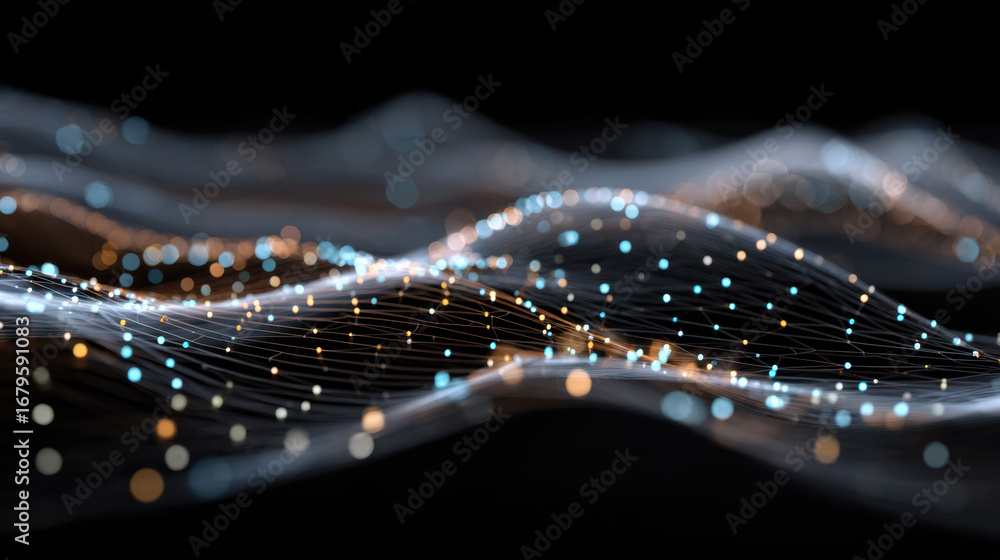 Poster digital waves of light create mesmerizing visual effect, showcasing blend of blue and orange dots ag