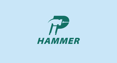 Green Stylized Hammer and Letter P Logo in light blue background
