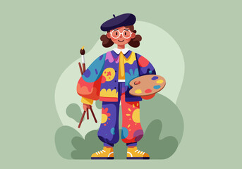 Female Artist with Palette and Brushes Illustration.