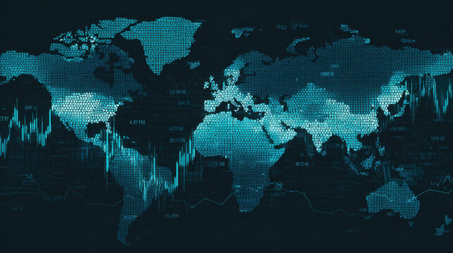 Digital world map with data visualization, representing global finance and technology trends. map features hexagonal patterns and financial graphs, conveying sense of connectivity and analysis