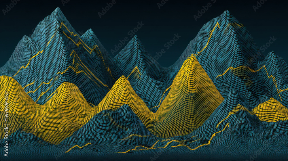 Aufkleber digital landscape visualization with abstract mountain peaks represented grid pattern, featuring vib