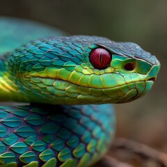Fototapeta premium Vibrant green pit viper with intense red eyes close up detailed macro shot of reptile wildlife