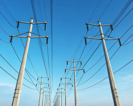 Towering high-voltage power lines stretch towards a bright blue sky against clear weather