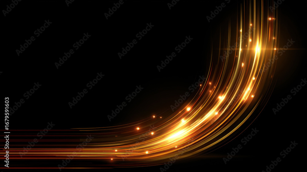 Poster bright golden light trails create dynamic and elegant design against black background, evoking sense