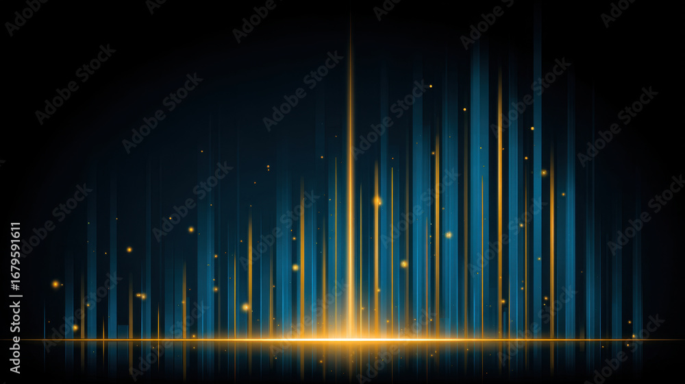 Poster vibrant digital sound waves create dynamic visual effect with blue and gold tones, evoking energy an