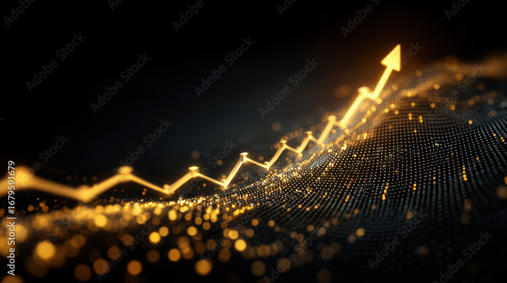 Poster abstract golden line graph representing growth and success, with shimmering particles and dark backg