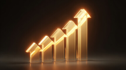 Glowing, transparent graph with upward arrows symbolizes growth and success. sleek design and warm lighting evoke sense of optimism and achievement in business or finance