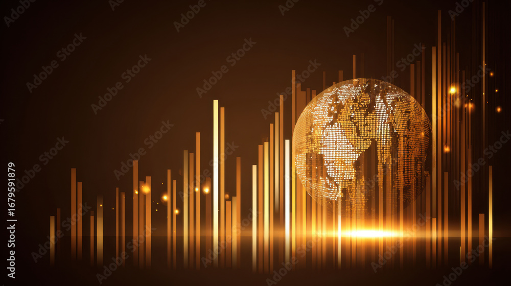 Poster digital globe with data visualization, glowing bars, and warm color palette creates sense of innovat