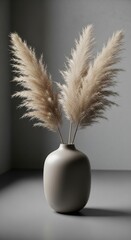 Beige pampas grass plumes in a smooth matte beige vase against a muted gray background ornamental grass