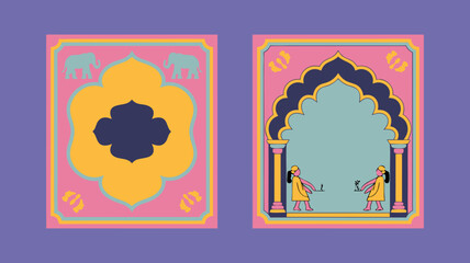 Vibrant vector illustrations celebrating an Indian wedding, featuring a charming couple within traditional architectural designs and ornate floral patterns, evoking a rich cultural celebration