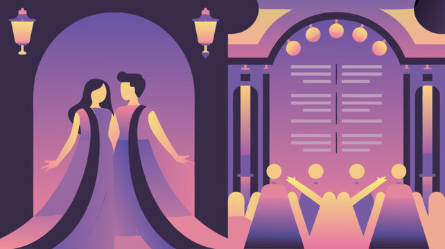 A vibrant vector illustration portraying a happy Indian wedding couple in traditional garments, celebrating their union with joyous festivities and cultural elegance