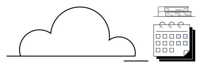 Cloud connected to books and calendar, representing digital storage, education, online organization, scheduling, time management, data access, and remote learning. Ideal for education planning