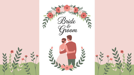 Charming vector illustration depicting a loving Indian wedding couple in a tender embrace, ideal for an elegant bridal invitation or event design, symbolizing commitment and joy